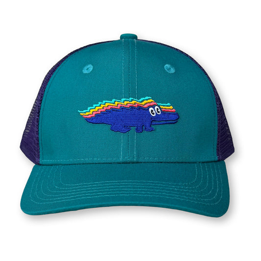 King Gizzard Trucker Hat / Aquamarine Polycotton Blend with Violet Mesh and Indigo Gizzy