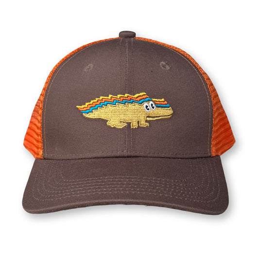 King Gizzard Trucker Hat / Mocha Polycotton Blend with Violet Mesh and Indian Corn Gizzy