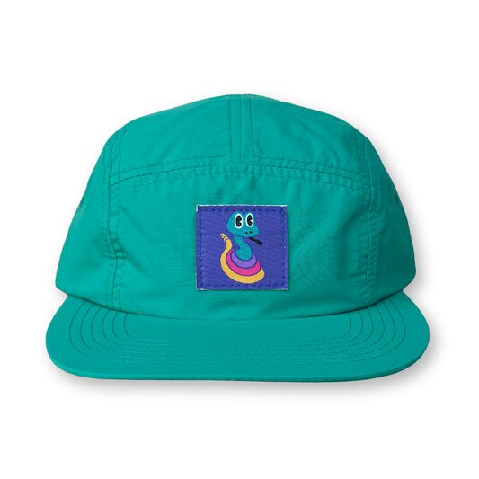 King Gizzard Rattlesnake Five Panel Camp Hat / Turquoise Nylon with Tropical Rattlesnake Patch