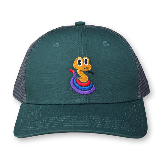 King Gizzard Rattlesnake Trucker Hat / Evergreen Polycotton Blend with Charcoal Mesh and Fire Pit Rattlesnake