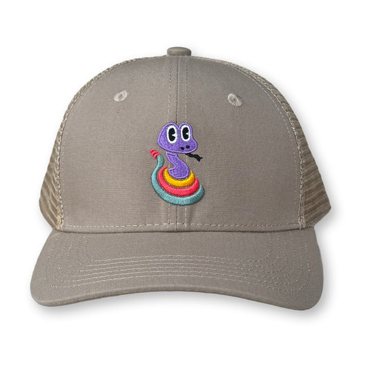 King Gizzard Rattlesnake Trucker Hat / Slab Polycotton Blend with Oat Mesh and Purple People Eater Rattlesnake
