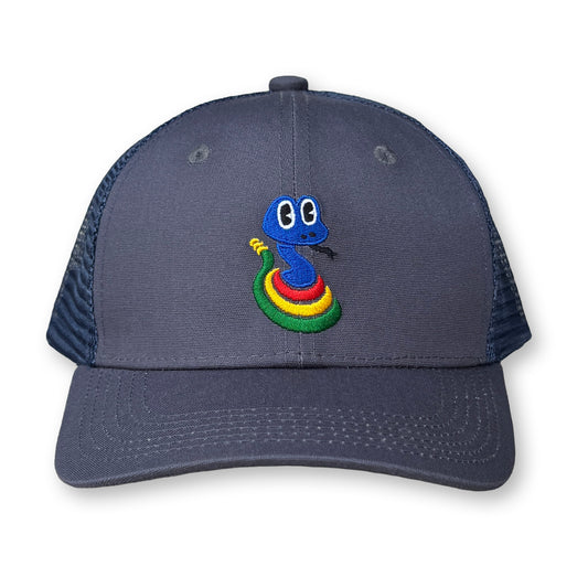 King Gizzard Rattlesnake Trucker Hat / Slate Polycotton Blend with Aegean Mesh and Classic Rattlesnake