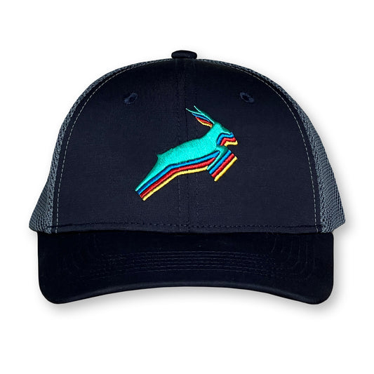 Antelope Trucker Hat / Cast Iron Polycotton Blend with Graphite Mesh and Quetzal Antelope