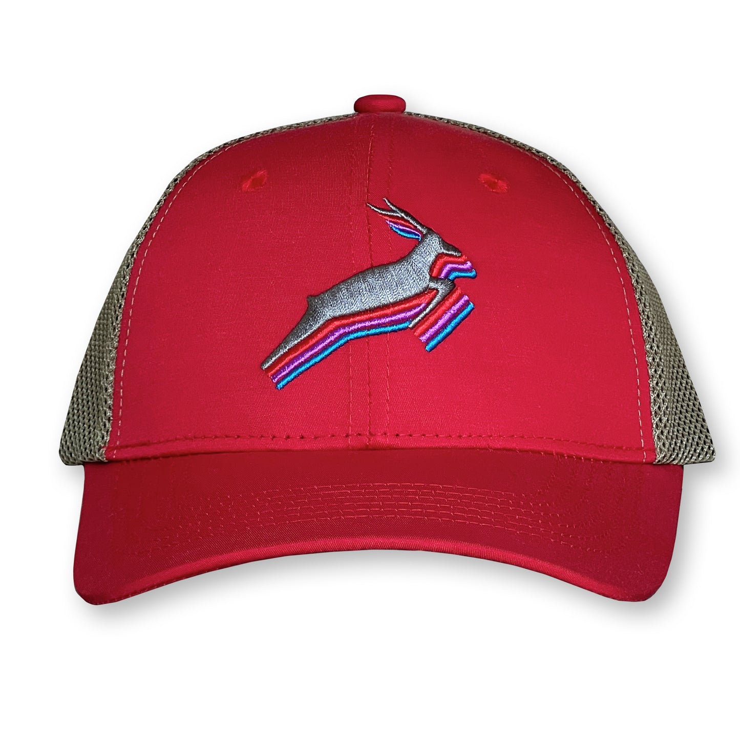 Antelope Trucker Hat / Cayenne Polycotton Blend with Oat Mesh and Pewter Antelope