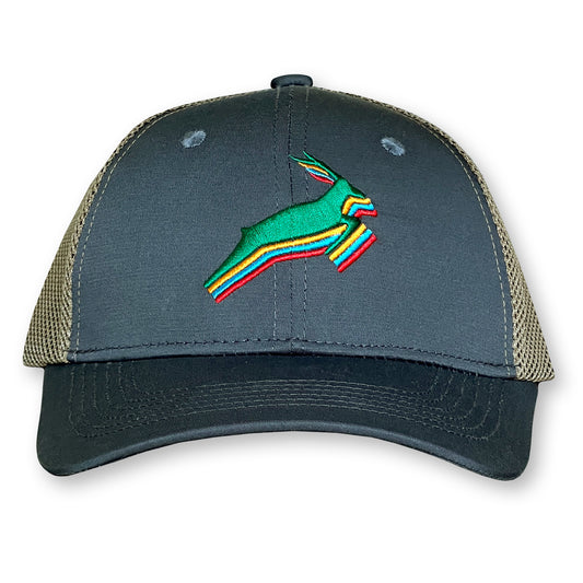 Antelope Trucker Hat / Storm Polycotton Blend with Oat Mesh and Shamrock Antelope