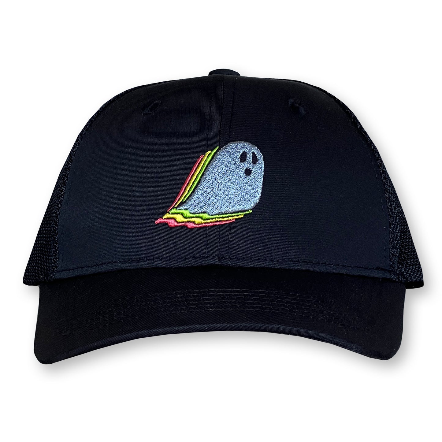 Ghost Trucker Hat / Black Hole Polycotton Blend with Noir Mesh and Silver Ghost