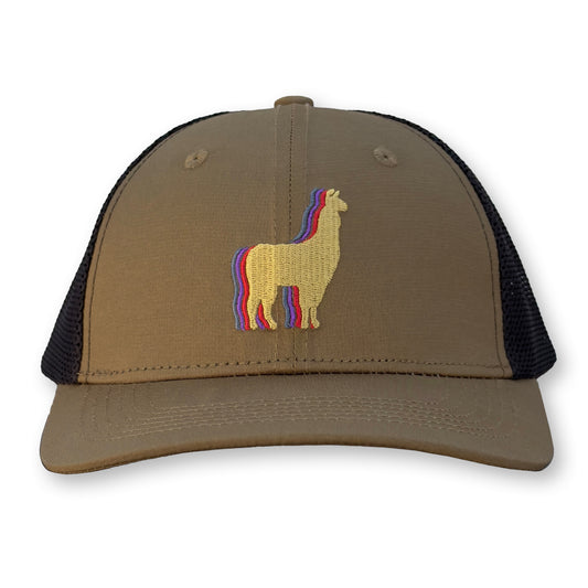 Llama Trucker Hat / Hickory Polycotton Blend with Chocolate Mesh and Flan Llama