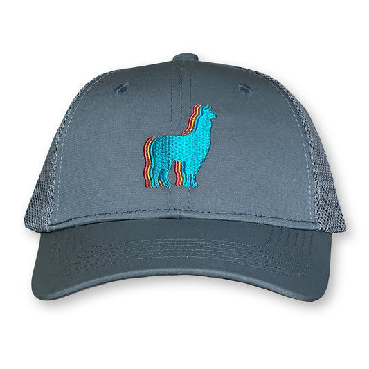 Llama Trucker Hat / Storm Polycotton Blend with Ash Mesh and Curacao Eel Llama