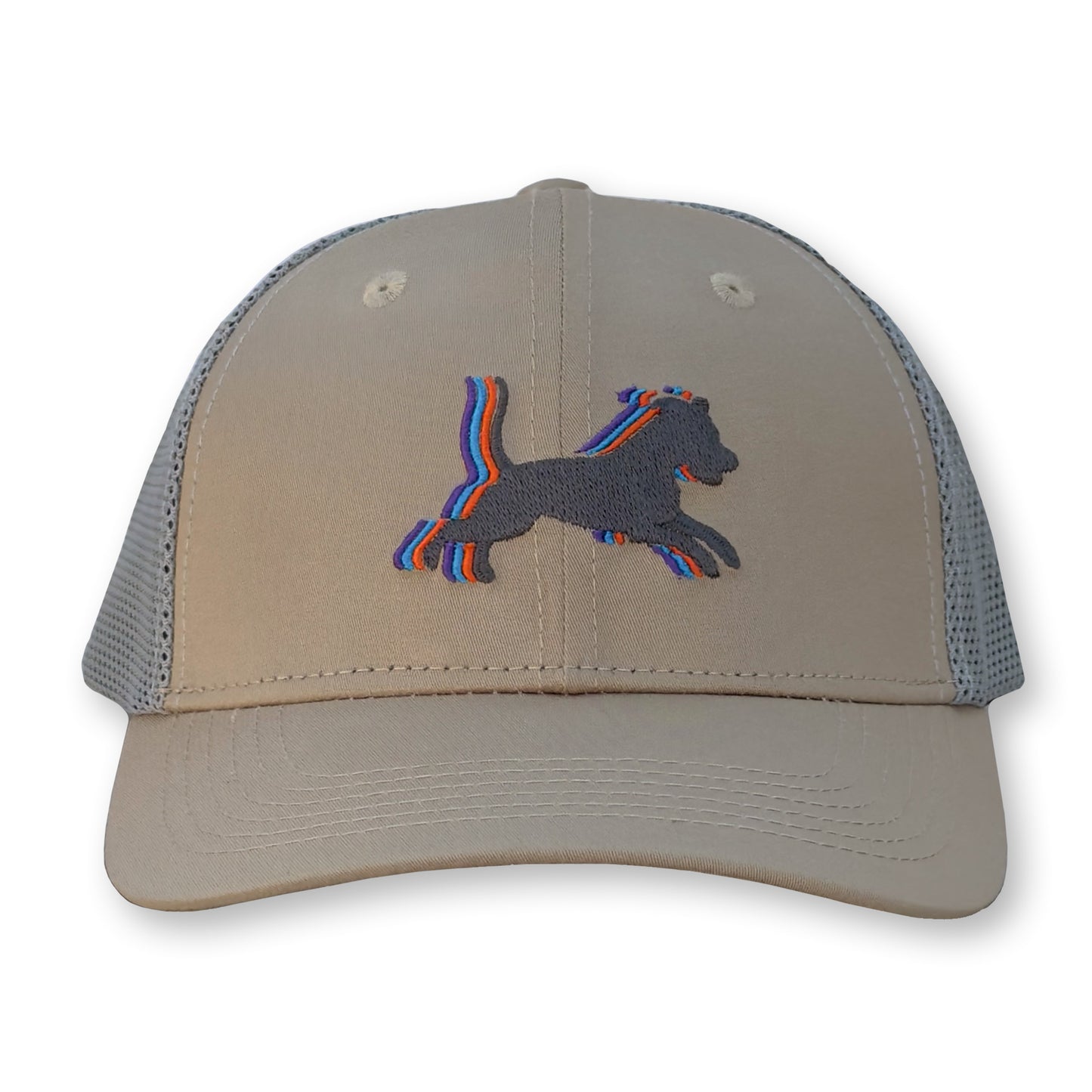 Runaway Jim Trucker Hat / Taupe Polycotton Blend with Cloud Mesh and Iron Dog