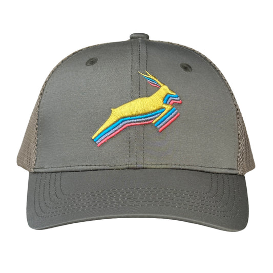 Antelope Trucker Hat / Evergreen Fog Polycotton Blend with Cloud Mesh and Sulfur Antelope